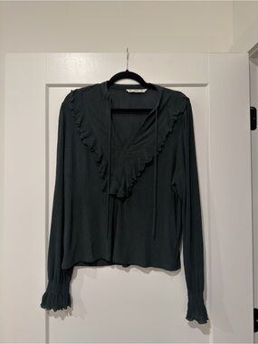 Mango Dark Green Ruffle V-Neck Tie Blouse